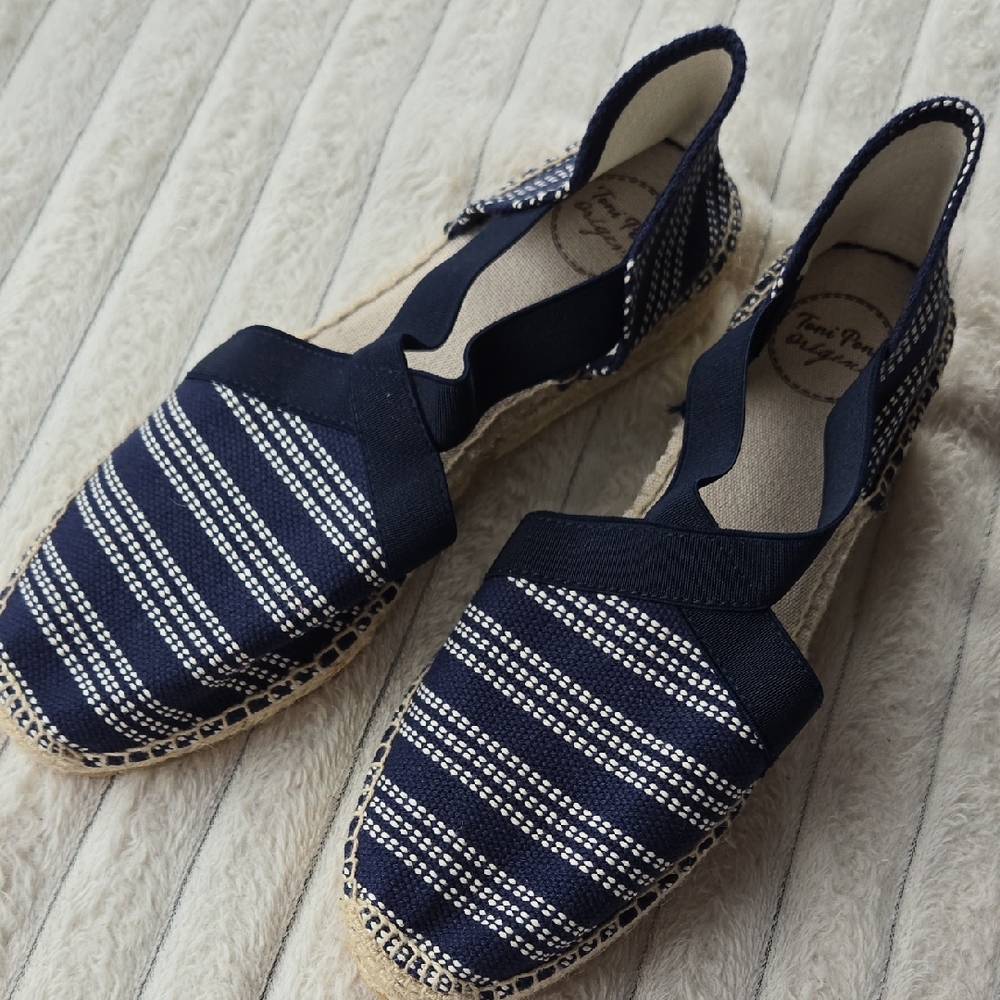 Navy Striped Espadrille Flats with Elastic V Panel